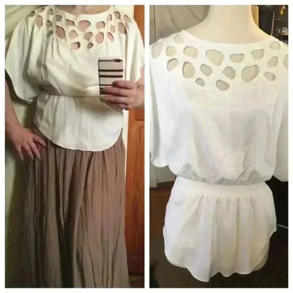 MM Couture Tops - MM Couture white beaded cutout sexy top